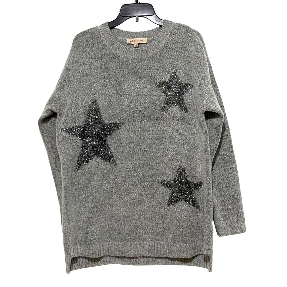 Philosophy Sparkly Stars Sweater Womens L Gray Celestial Patriotic USA Y2K